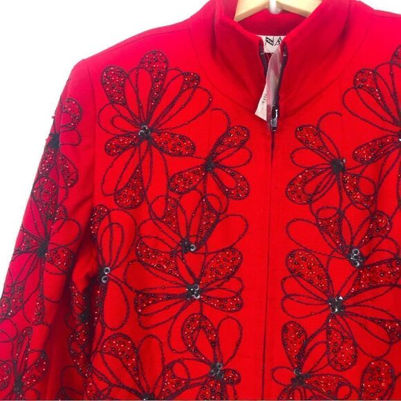 ANAGE Red Black Bead Embroidered Floral Design Holiday Statement Jacket NEW - Picture 3 of 16